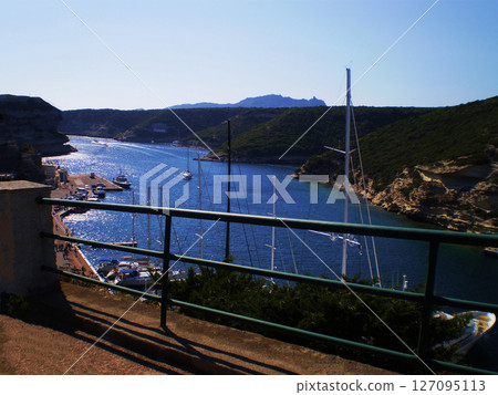Port view with beautiful yachts. Corsica. French Island. Port Bonifacio. Mediterranean Sea. 127095113