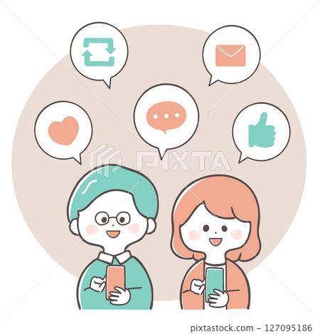 Illustration of men and women in their 30s and 40s enjoying SNS 127095186