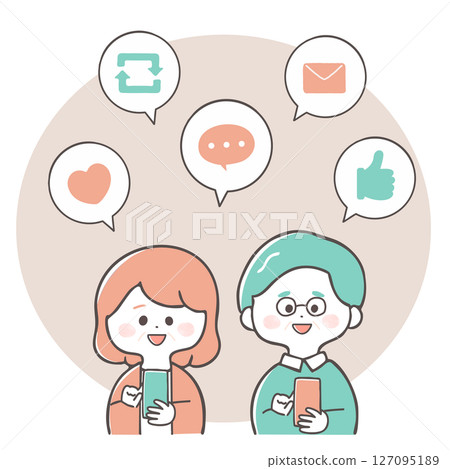 Illustration of an elderly couple enjoying SNS 127095189