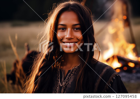 A girl in a long black dress smiles at the camera. Native American in traditional clothing standing next to a bright campfire in the middle of the meadow. 127095458