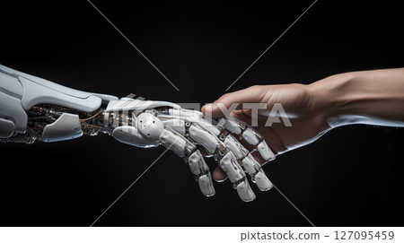 Robot hand making contact with human hand. Technology robot AI meets human person 127095459