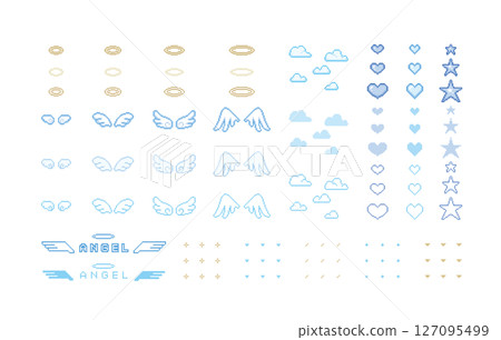 點藝術可愛天使翅膀裝飾插畫套裝翅膀雲朵光圈像素 127095499