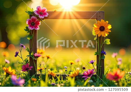 Summer wildflowers frame in sun rays with space for text on summer field background. AI generated Summer wildflowers frame in sun rays with space for text on summer field background. AI generated 127095509