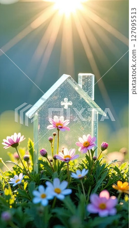 Tiny eco house greenhouse in sun rays, with spring pastel flowers on spring pastel blue background. Real estate, realtor, mortgage, insurance, booking, construction, insulation. AI generated 127095513