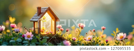 Tiny eco house greenhouse in sun rays, with spring flowers on spring pastel background. Real estate, dacha, summer house, mortgage, insurance, booking, construction, insulation. AI generated 127095535