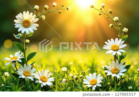 Summer daisy frame in sun rays with space for text on summer field background. AI generated Summer daisy frame in sun rays with space for text on summer field background. AI generated 127095557