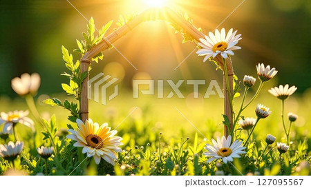 Tiny eco house greenhouse in sun rays, with summer daisies flowers on summer background in field. Real estate, dacha, summer house, mortgage, insurance, booking, construction, insulation. AI generated 127095567