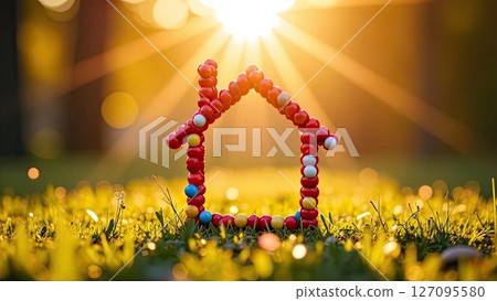 Tiny frame festive house in sun rays, with balloons and bows, birthday decor background in field. Real estate, dacha, summer house, mortgage, insurance, booking, construction, insulation. AI generated 127095580