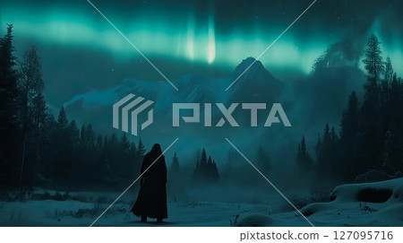Beautiful magical aurora borealis and a mystical wanderer walking through the forest. 127095716