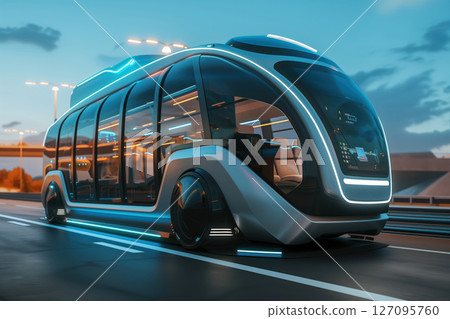 Among future transportation options available for autonomous smart vehicles is hybrid electric shuttle bus AI Generative 127095760