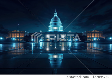 Capitol Hill dome building, Washington DC, USA, illuminated at night. AI Generation 127095789