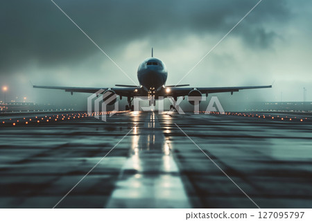 After landing on runway, passenger aircraft taxi to terminal gate. AI Generative 127095797