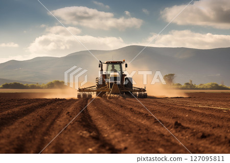 Field being prepared for sowing by tractor plows in spring AI Generation 127095811