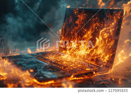 A laptop computer has caught fire due to battery damage AI Generative 127095835