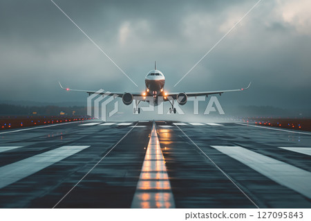 Upon landing on runway, passenger aircraft taxis away to airport terminal gate AI Generative Upon landing on runway, passenger aircraft taxis away to airport terminal gate AI Generative 127095843