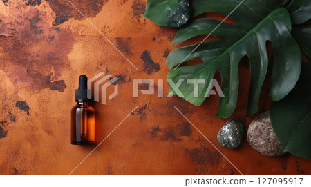 Dropper mockup with essential oil or serum on a stepped stand for product photography with tropical monstera leaves, generated AI Dropper mockup with essential oil or serum on a stepped stand for product photography with tropical monstera leaves, generated AI 127095917