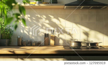 Kitchen brass utensils, chef accessories. Hanging kitchen with white tiles wall and wood tabletop.Green plant on kitchen background generated ai Kitchen brass utensils, chef accessories. Hanging kitchen with white tiles wall and wood tabletop.Green plant on kitchen background generated ai 127095919