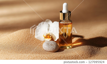 Transparent amber essential oil glass bottle with flower concept , generated AI 127095924