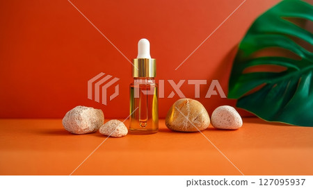 Dropper mockup with essential oil or serum on a stepped stand for product photography with tropical monstera leaves, generated AI Dropper mockup with essential oil or serum on a stepped stand for product photography with tropical monstera leaves, generated AI 127095937