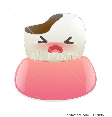 This cartoon illustration features a broken tooth character expressing pain 127096133