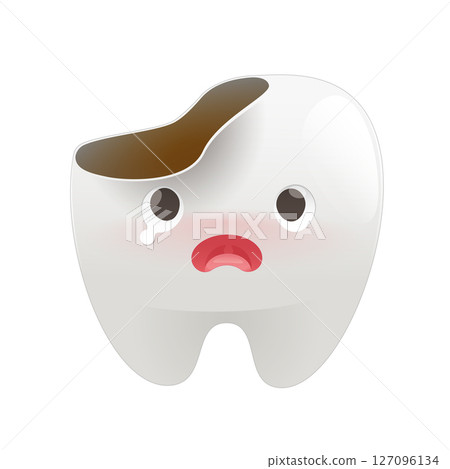 This cartoon illustration features a broken tooth character expressing pain 127096134