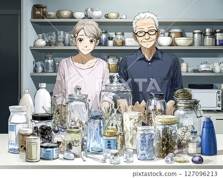 Illustration material of a senior couple stockpiling emergency food 127096213