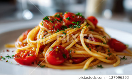 Tomato Pasta on White Plate in Warm Restaurant Lighting Tomato Pasta on White Plate in Warm Restaurant Lighting 127096293