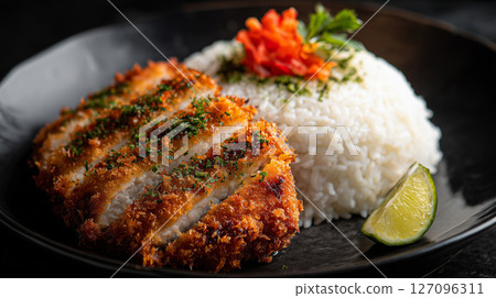 Golden Chicken Katsu Served with Steamed Rice and Fresh Garnish 127096311