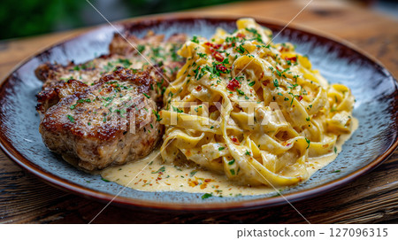 Pork Chop with Tagliatelle in Creamy Sriracha Sauce. 127096315