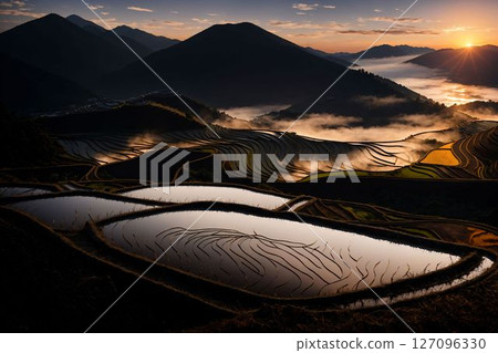 Sunset reflected on rice terraces 127096330