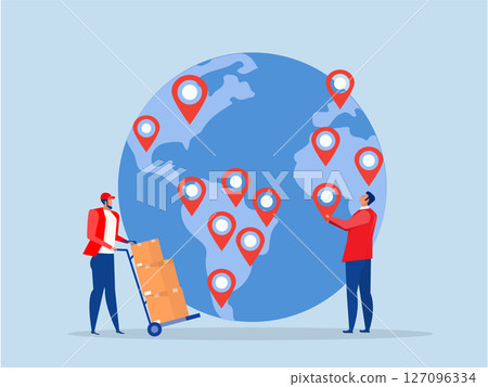 business worldwide concept, businessman CEO put new branch pin on world map across globe.Global business expansion rowing business worldwide concept. business worldwide concept, businessman CEO put new branch pin on world map across globe.Global business expansion rowing business worldwide concept. 127096334