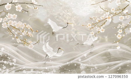 美麗的日本背景，有鶴、櫻花和漣漪 127096350