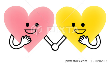 Pink and yellow smiling hearts holding hands 127096463