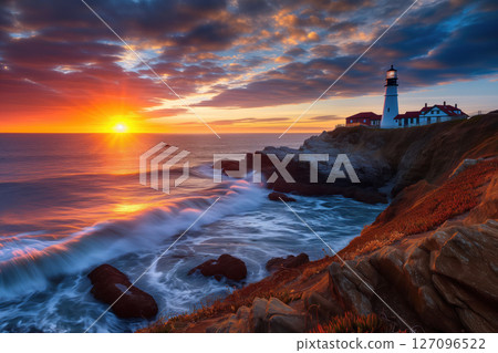 Beautiful lighthouse, light colorful sunset in coast ocean view landscape AI Generative 127096522
