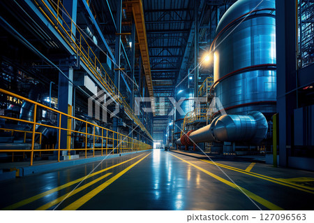 There is an industrial stainless steel reservoir in the interior of chemical manufacturing facility AI Generative 127096563