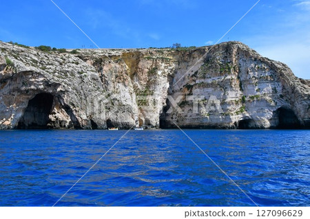 Republic of Malta, Malta Island, Grotto, Blue Grotto, view from a sightseeing boat, clear blue sea Republic of Malta, Malta Island, Grotto, Blue Grotto, view from a sightseeing boat, clear blue sea 127096629