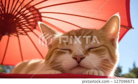 Cat sleeping under a Japanese umbrella 127096671