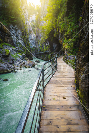 Wooden footbridge in the narrow Aare gorge, Meiringen, Switzerland 127096679