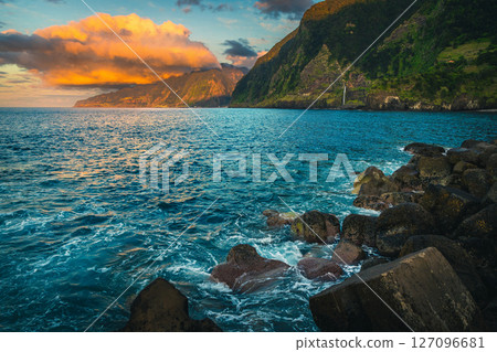 Amazing seashore view with colorful cliffs, Seixal, Madeira Island 127096681