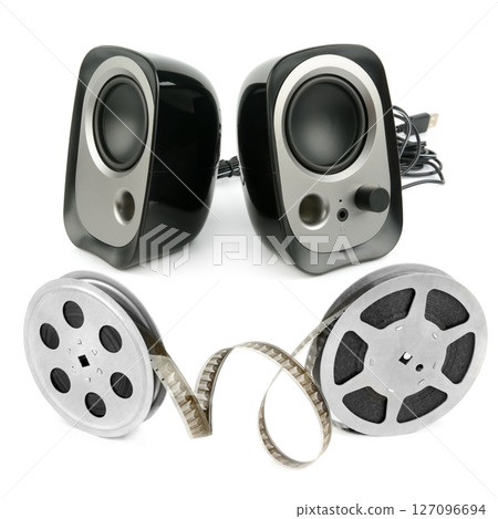 Film strips and bookshelf speaker isolated on white. Collage. Film strips and bookshelf speaker isolated on white. Collage. 127096694