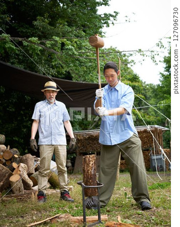 Man chopping firewood at a campsite Camping Outdoor Image Man chopping firewood at a campsite Camping Outdoor Image 127096730