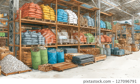 Industrial Warehouse with Colorful Bagged Goods on Pallets 127096791