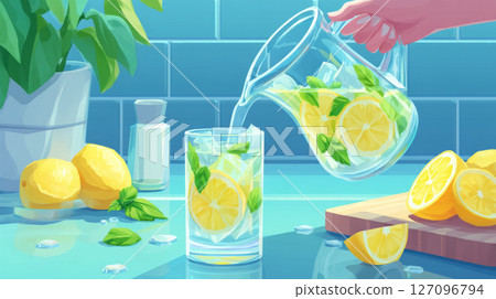 Woman pouring citrus water from a jug in a clean kitchen 127096794