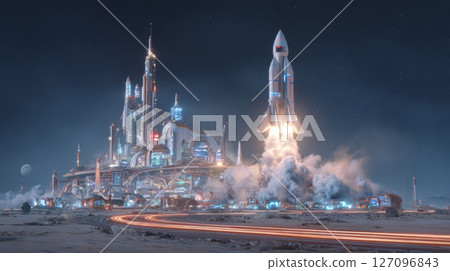 A spaceport on Mars with rockets taking off, futuristic infrastructure and dust trails 127096843