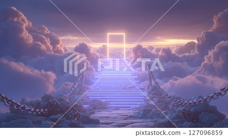 staircase of light leading upward from pile of broken chains, clouds parting above 127096859