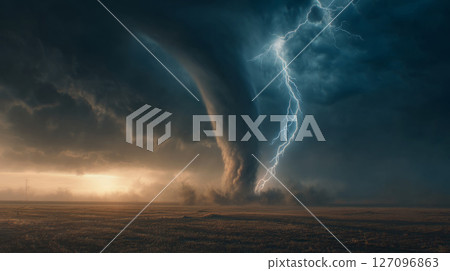 dark storm lighting, massive tornado touching down on flat farmland with lightning bolts striking nearby 127096863