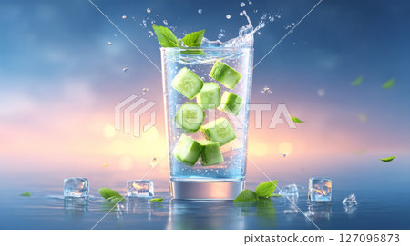 Ice cubes splashing into a glass of cucumber-infused water 127096873
