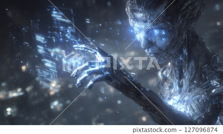 humanoid AI robot with translucent skin and visible circuits interacting with floating data interfaces 127096874