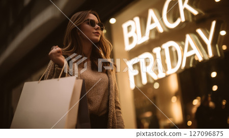 woman walking with branded shopping bags in hand, Black Friday glowing behind her in store window 127096875