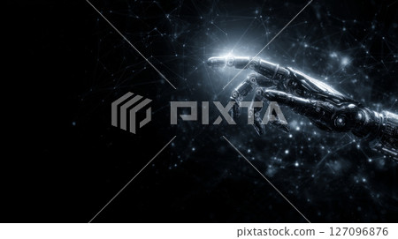 Cybernetic robotic hand reaches out to interact with glowing digital elements, symbolizing artificial intelligence and future technology. 127096876